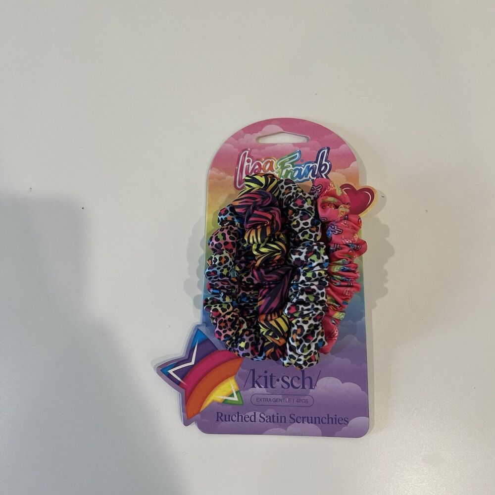 Kitsch x Lisa Frank *Rainbow Leopard* Ruched Satin Thin Scrunchies 4-pack New